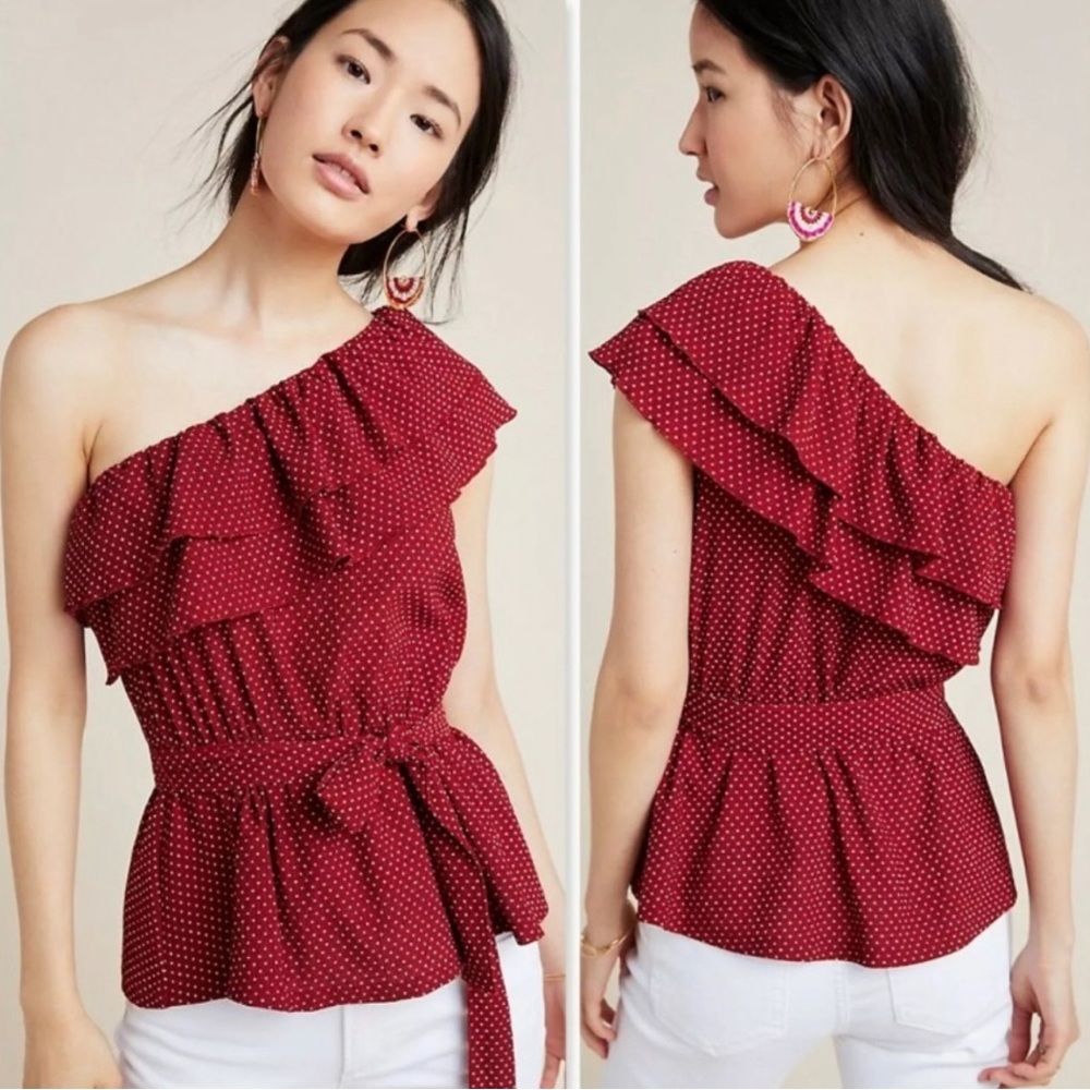 Maeve by Anthropologie Polka Dot Ruffle One Shoulder Asymmetrical Top, Size M